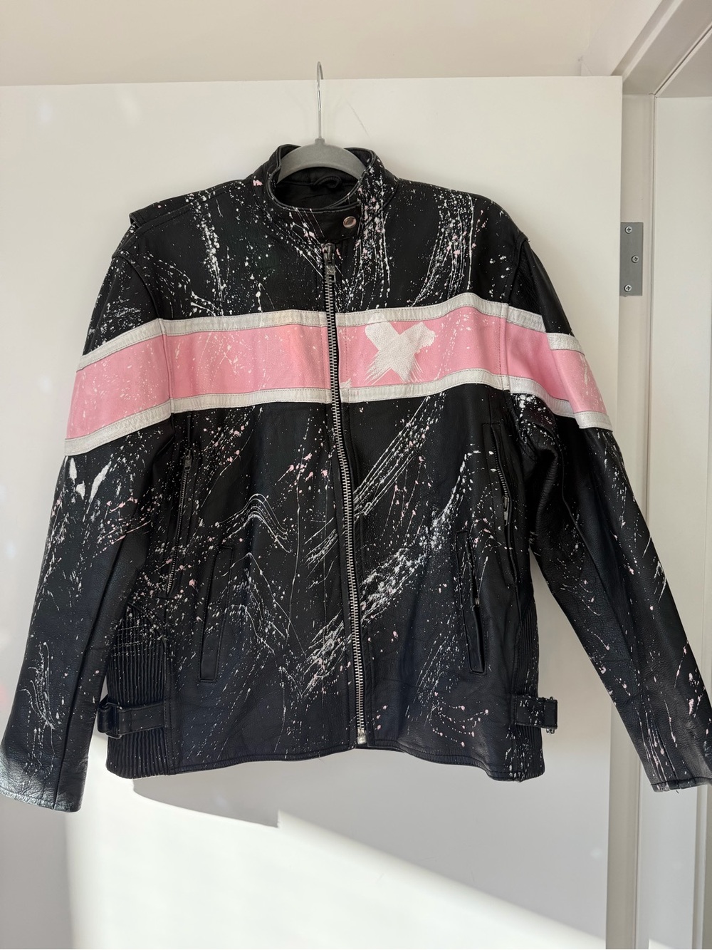 Women's Black & Pink Paint-Splash Moto Jacket